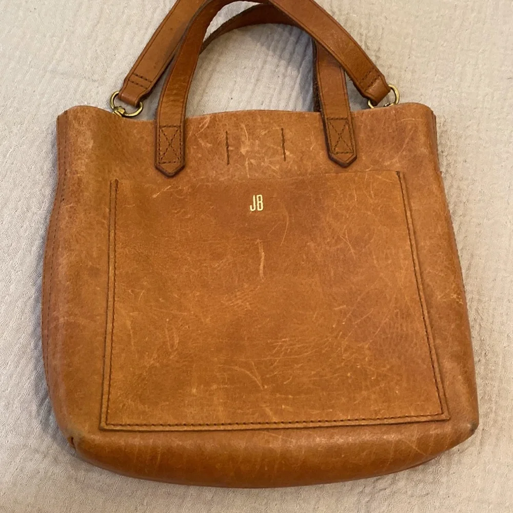 Madewell Monogrammed JB Tan Leather Tote Bag - Versatile Crossbody Strap